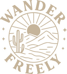 A captivating, minimalistic logo design embodies the spirit of exploration and freedom, with a picturesque desert landscape featuring a cactus and mountains under a radiant sun.  © DesignINKZ