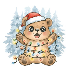 Joyful Bear Tangled in Bright Christmas Lights in Winter Forest