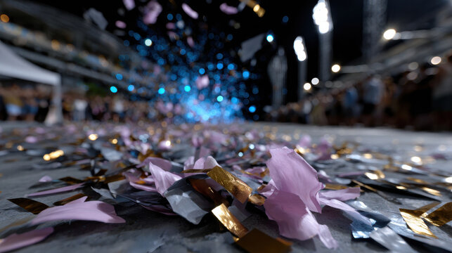 A dynamic shot of confetti and vibrant petals scattered across the ground during a festive event, celebrating New Year, capturing the essence of celebration and joyous moments shared by many. - Powered by Adobe