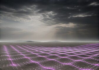 Abstract Digital Grid Landscape with Dramatic Sky