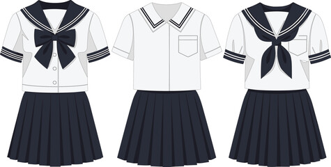 Japanese school uniform, female student outfit, sailor collar, pleated skirt, white blouse, navy blue, neckerchief, bow tie, cultural fashion, vector illustration