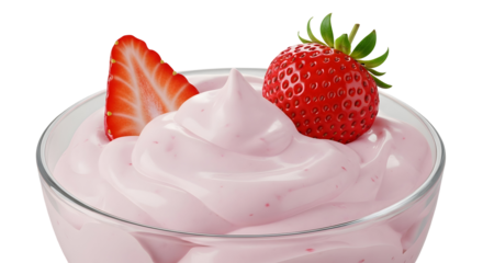 Strawberry yogurt in a glass bowl, a delicious and healthy dessert isolated on transparent background