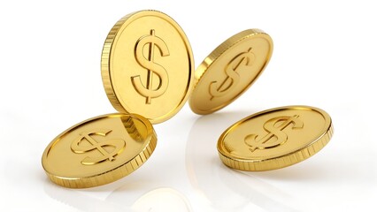 Falling Golden Dollar Coins on White Background