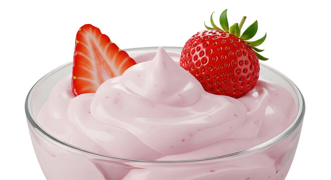 Strawberry yogurt in a glass bowl, a delicious and healthy dessert isolated on transparent background