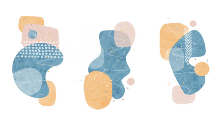 Set of three abstract watercolor compositions with craft paper textures. Minimalist modern shapes in blue, beige and peach tones.