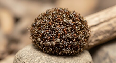 A dense spherical cluster of ants working together in nature.
