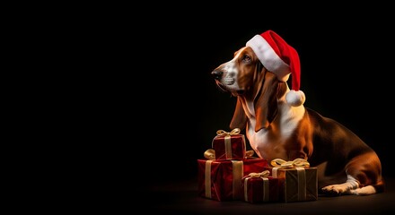 Festive Basset Hound with Christmas Gifts and Santa Hat.