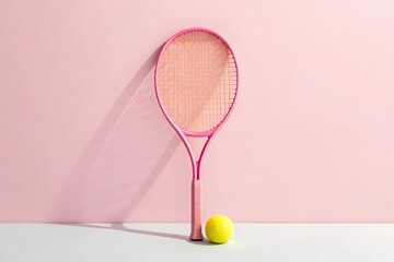 Pink tennis racket and ball against a soft pink background