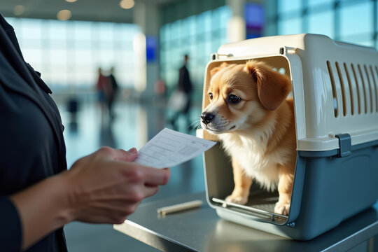 A dog goes through security at the airport. Pet transport certificate verification. Veterinary permit for animal travel. Airport staff checking pet permission.