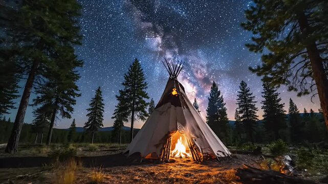 Night Sky Above Campfire And Tepee In Forest With Sparkling Stars