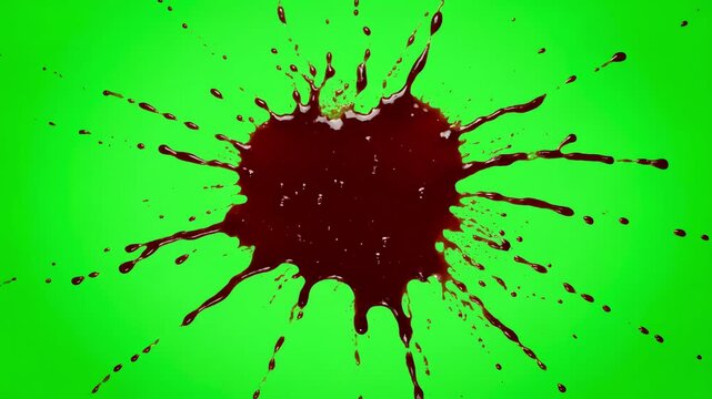 Green Screen blood splatter on a scene 4 with distortion, overlay, glitch, static noise, scan lines black background, 4k animated video loop