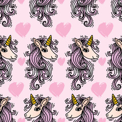 Obraz premium Seamless pattern with cute unicorn and hearts. Vector illustration.