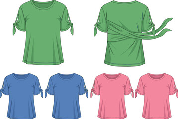 Women’s top, short sleeves, tied sleeve detail, round neckline, green top, blue top, pink top, casual wear, fashion design, vector illustration