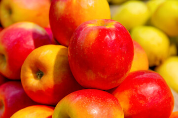 Close-up of fresh small organic red apples on a shelf in a grocery store