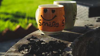 Orange Smile Cup Green Grass Outdoor Coffee Tea Morning Nature Relaxation