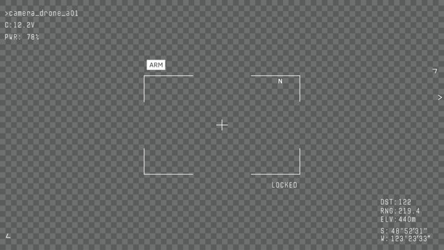 War drone camera viewfinder overlay. Template for military battle drone cam. Camera frame vector. White lines Ui on transparent background. Realistic combat drone UI frame for games video, photo.