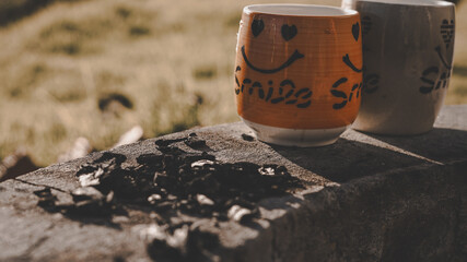 Orange Smile Cup Pottery Mug Beach Rocks Happy Motivational Message