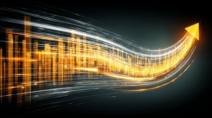 Digital Growth Graph with Moving Bright Orange Bars and Upward Arrow in Futuristic Style