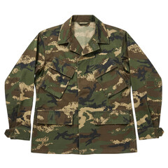 Green And Brown Camouflage Military Jacket With Multiple Pockets And Collared Neckline Isolated On White Background Studio Shot