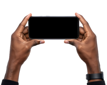 Smart Device Presentation: Two hands hold a sleek smart device with a blank display, offering a versatile platform for showcasing digital content and applications.