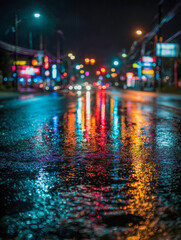 Fototapeta premium Vibrant neon lights reflecting on a wet urban street at night creating a colorful and abstract bokeh effect in a rainy cityscape scene