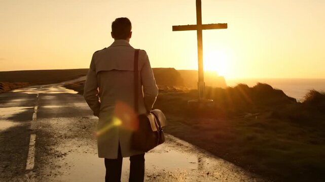 Man on walk toward cross at sunset. Lone figure moves along wet road. Silhouette approaches cross on horizon. Pilgrimage faith in quiet journey. Man carries case toward cross. Golden sunset glow.