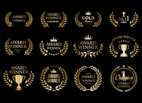 Award Winner emblem collection of gold laurel wreath isolated on black background 