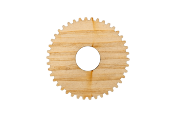 Wooden gear wheel with visible grain texture is isolated.