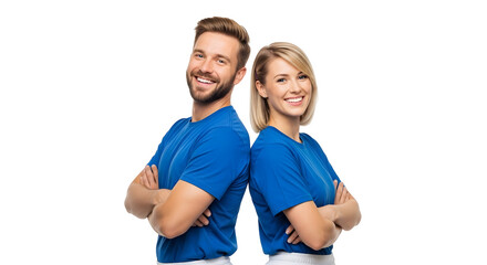 Happy couple in blue tshirts standing back to back isolated on transparent background