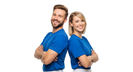 Happy couple in blue tshirts standing back to back isolated on transparent background