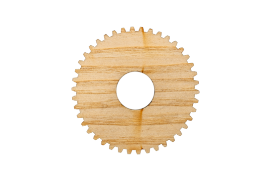 Wooden gear wheel with visible grain texture is isolated.