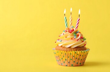 A single festive cupcake with lit candles on a bright yellow background