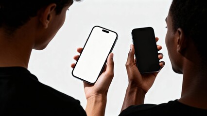 Two people holding smartphones one with a blank white screen for app promotion on transparent background