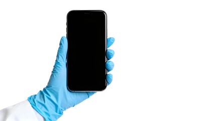 Hand in blue glove holding smartphone with blank black screen on on transparent background