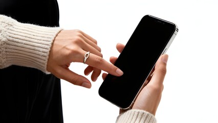 Woman interacts with smartphone showcasing mobile technology and modern communication on transparent background