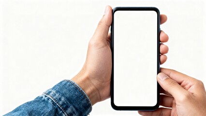 Person holding smartphone with blank white screen for app mockup or advertisement on transparent background