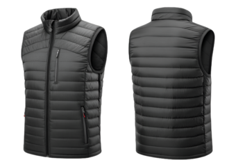 Stylish Black Padded Vest Front and Back: a front and back view of a sleek, black padded vest with a high collar and a zipper, showcasing its modern design and functionality. 