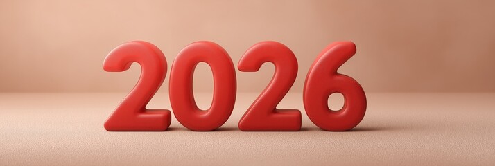 Bold red glossy acrylic digits 2026 on muted clay pink background with soft shadows