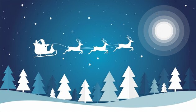 Magical Santa Claus sleigh ride with reindeer soaring across a starry winter night sky over a snowy forest landscape, conveying holiday joy and wonder.