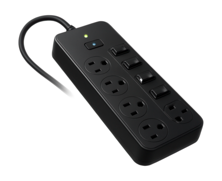 Multi-outlet surge protector for home office, protecting computers and printers.
