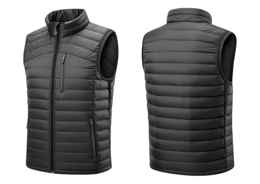 Stylish Black Padded Vest Front and Back: a front and back view of a sleek, black padded vest with a high collar and a zipper, showcasing its modern design and functionality.  - Powered by Adobe