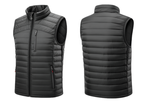 Stylish Black Padded Vest Front and Back: a front and back view of a sleek, black padded vest with a high collar and a zipper, showcasing its modern design and functionality. 
