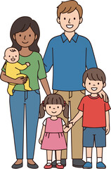 Obraz premium Create a kinds of deferent Family of five A simple vector illustration of a young couple, a baby, and two children vector art with white background.