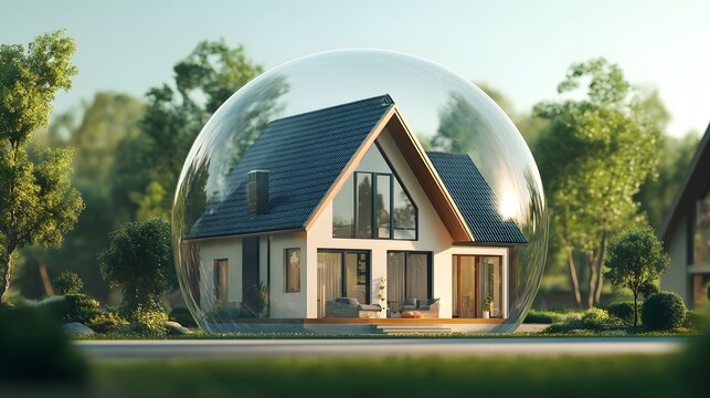 Adobe illustrator of modern house encased in a transparent bubble dome amidst lush greenery, blending futuristic and natural elements