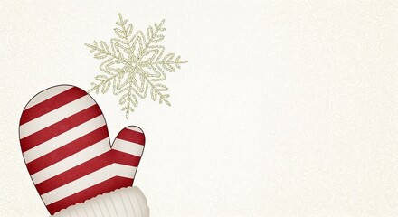 Obraz premium Red and white striped mitten with snowflake on textured background 