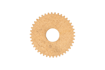 Cork gear wheel with natural brown texture is isolated.