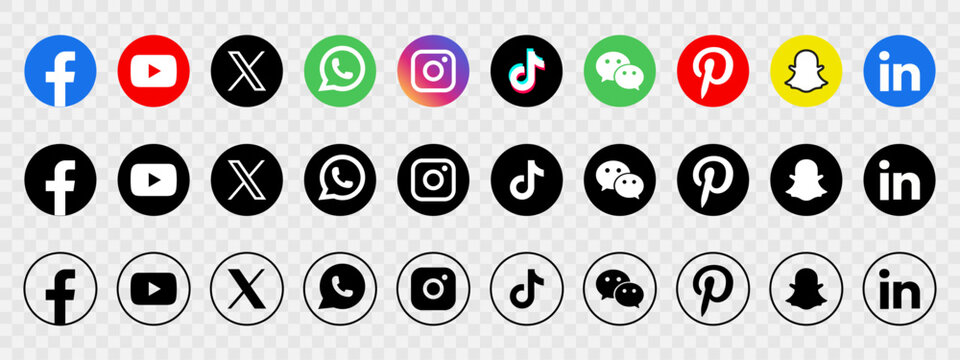  social media icons in circle shape, facebook, youtube, x, twitter, whatsapp. instagram, tiktok, wechat, pinterest, snapchat, linkedin