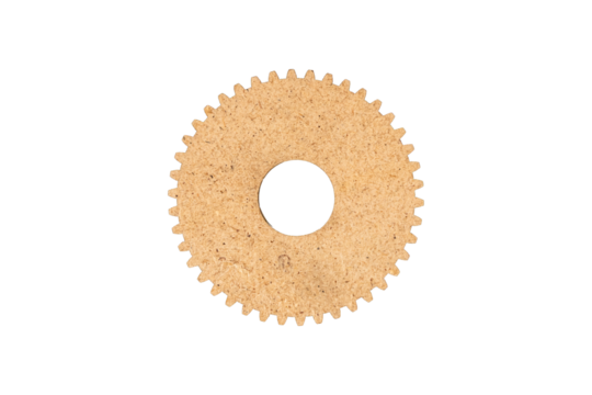 Cork gear wheel with natural brown texture is isolated.