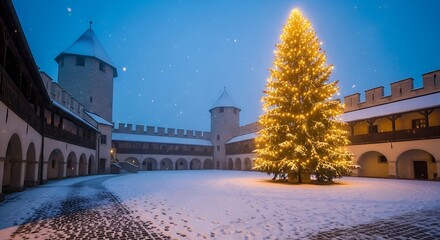 Christmas tree illuminated in courtyard of medieval castle at night.