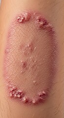 Fototapeta premium Close-up of a fungal skin infection on human skin showing a red, inflamed, and scaly rash with pustules.